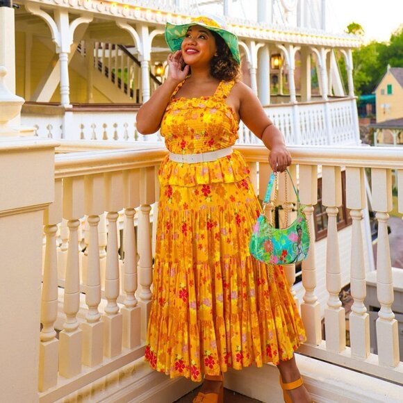 Disney Princess Tiana Yellow Floral Puff Dress Ruffled Tiered Square Neck M - Picture 2 of 10